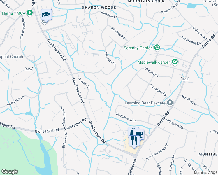 map of restaurants, bars, coffee shops, grocery stores, and more near 6717 Wynfaire Lane in Charlotte