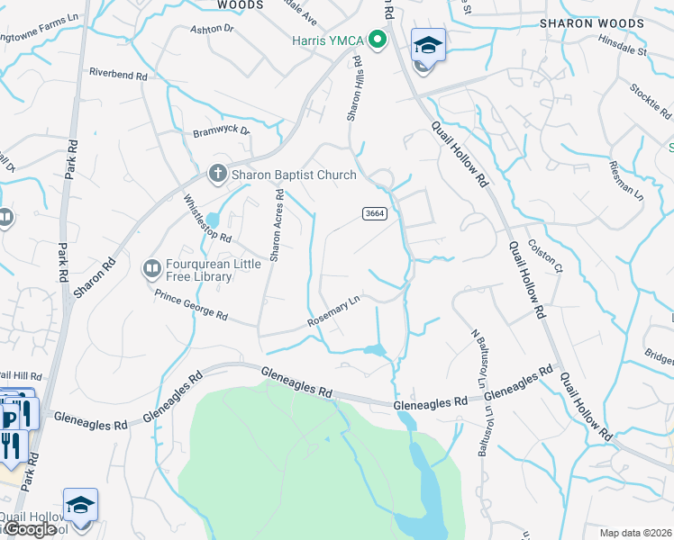 map of restaurants, bars, coffee shops, grocery stores, and more near 6256 Sharon Hills Road in Charlotte