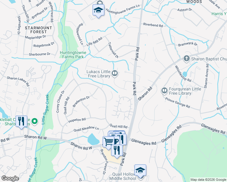 map of restaurants, bars, coffee shops, grocery stores, and more near 7928 Sunnyvale Lane in Charlotte