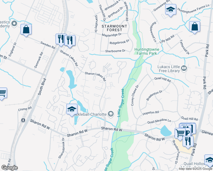 map of restaurants, bars, coffee shops, grocery stores, and more near 8113 Sharon Lakes Road in Charlotte