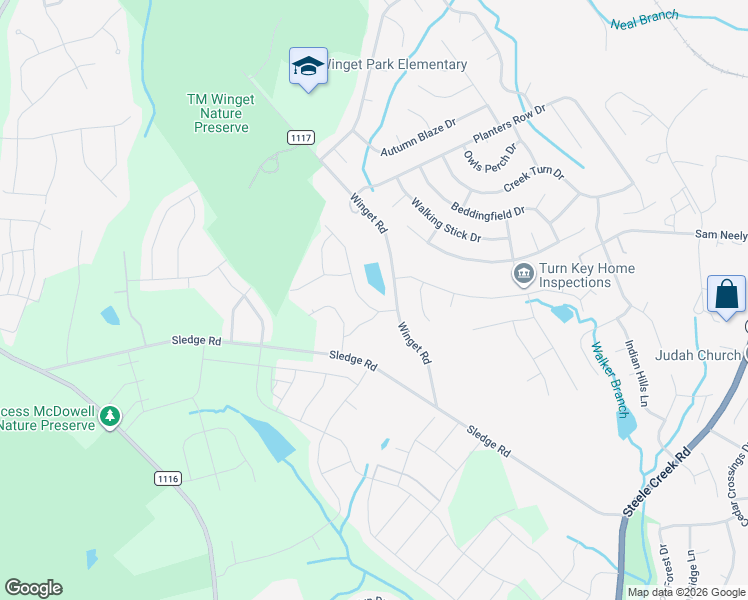 map of restaurants, bars, coffee shops, grocery stores, and more near 12716 Winget Road in Charlotte