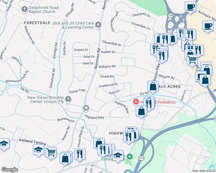 map of restaurants, bars, coffee shops, grocery stores, and more near 1211 Cranbrook Drive in Chattanooga