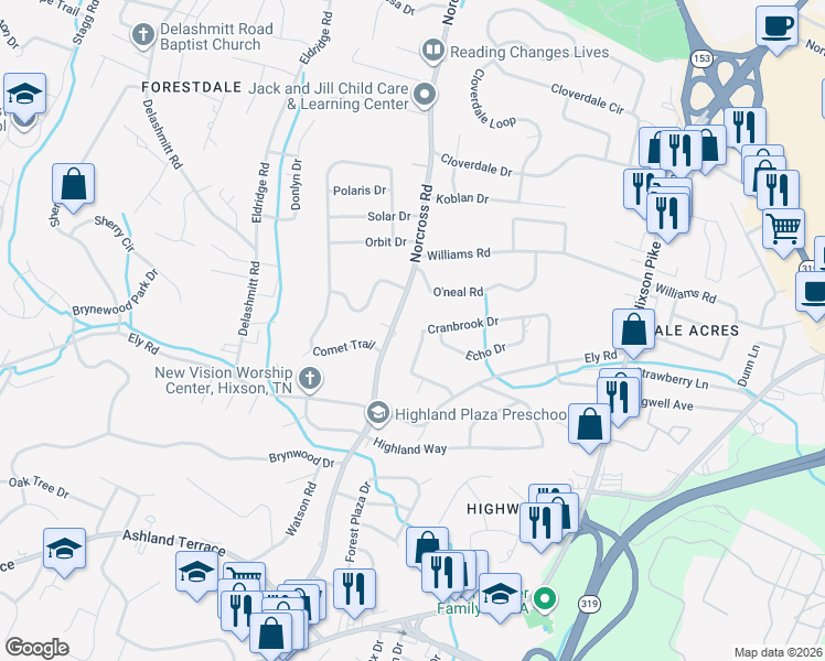 map of restaurants, bars, coffee shops, grocery stores, and more near 4324 Norcross Road in Chattanooga