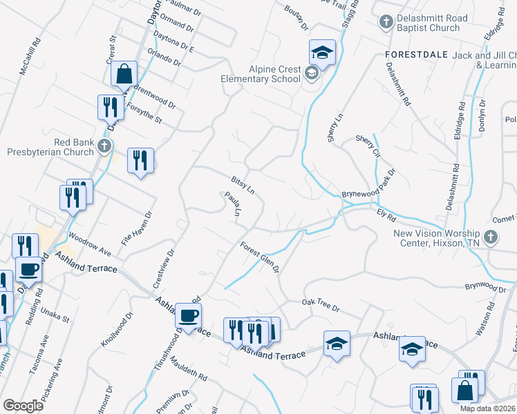 map of restaurants, bars, coffee shops, grocery stores, and more near 608 Bitsy Lane in Chattanooga