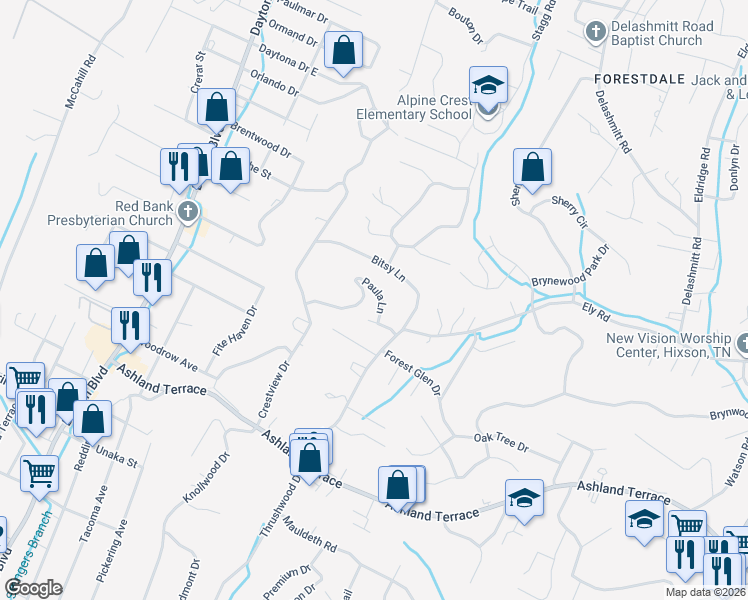 map of restaurants, bars, coffee shops, grocery stores, and more near 4434 Paula Lane in Chattanooga