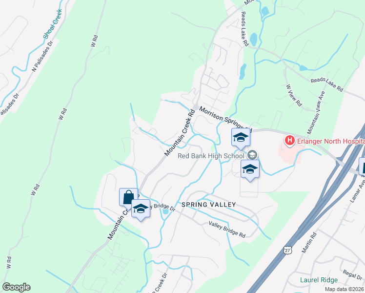 map of restaurants, bars, coffee shops, grocery stores, and more near 3562 Valley Trail in Chattanooga