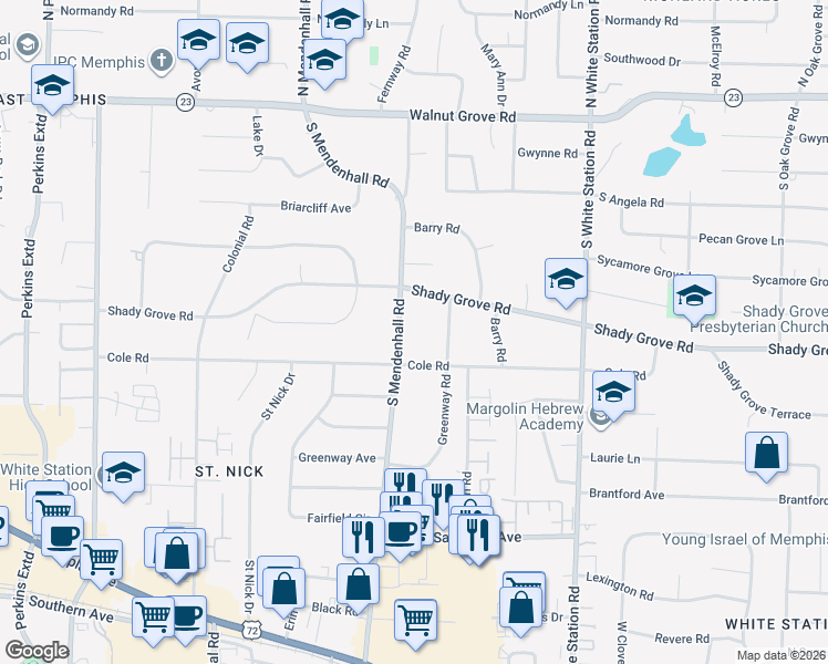 map of restaurants, bars, coffee shops, grocery stores, and more near 265 Greenway Road in Memphis