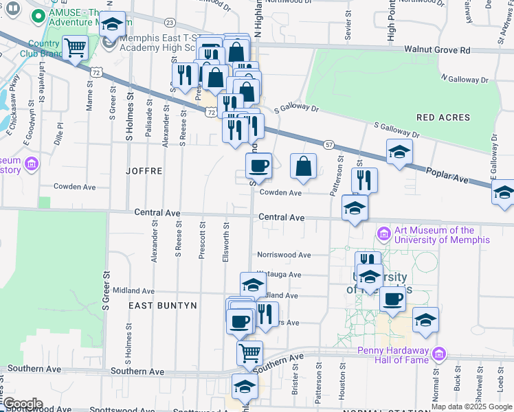 map of restaurants, bars, coffee shops, grocery stores, and more near 274 South Highland Street in Memphis