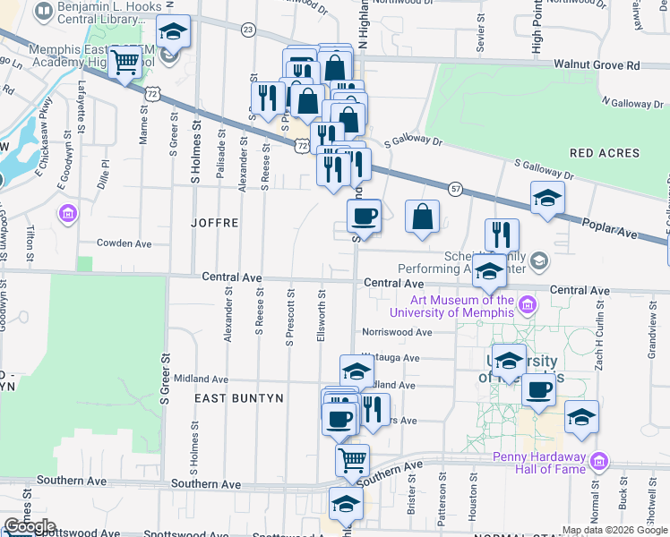 map of restaurants, bars, coffee shops, grocery stores, and more near 3477 North Central Park Street in Memphis