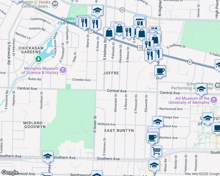 map of restaurants, bars, coffee shops, grocery stores, and more near 284 Palisade Street in Memphis