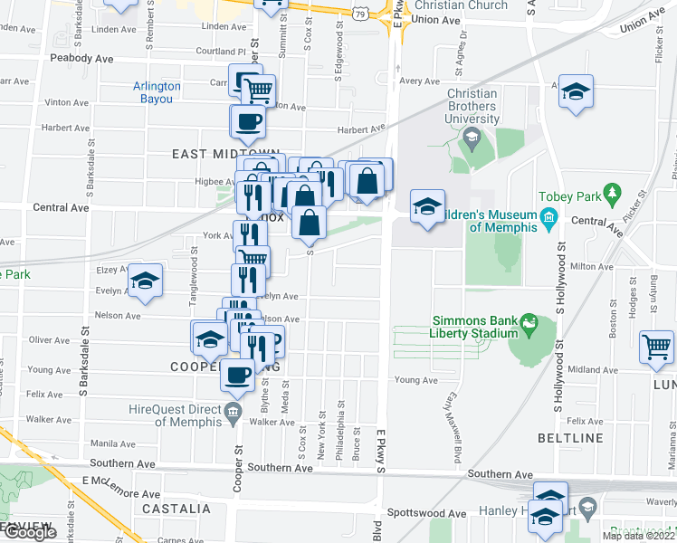 map of restaurants, bars, coffee shops, grocery stores, and more near 2264 Elzey Avenue in Memphis