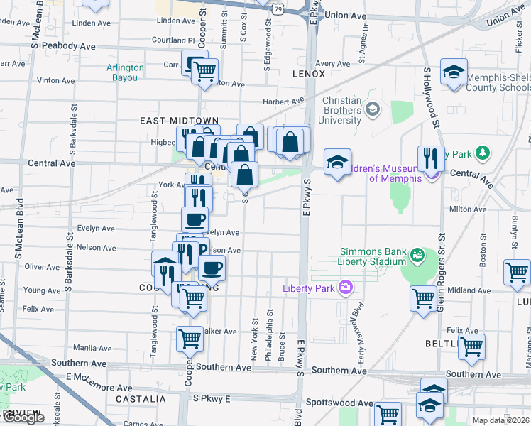 map of restaurants, bars, coffee shops, grocery stores, and more near 2264 Elzey Avenue in Memphis