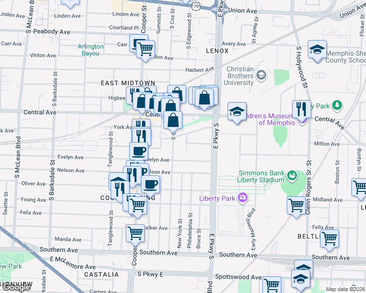 map of restaurants, bars, coffee shops, grocery stores, and more near 2264 Elzey Avenue in Memphis