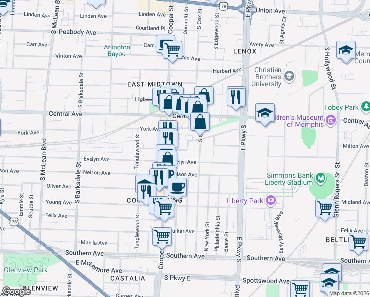 map of restaurants, bars, coffee shops, grocery stores, and more near 792 Cooper Street in Memphis
