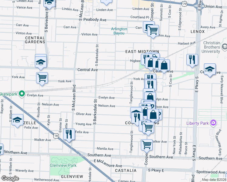 map of restaurants, bars, coffee shops, grocery stores, and more near 2014 Elzey Avenue in Memphis