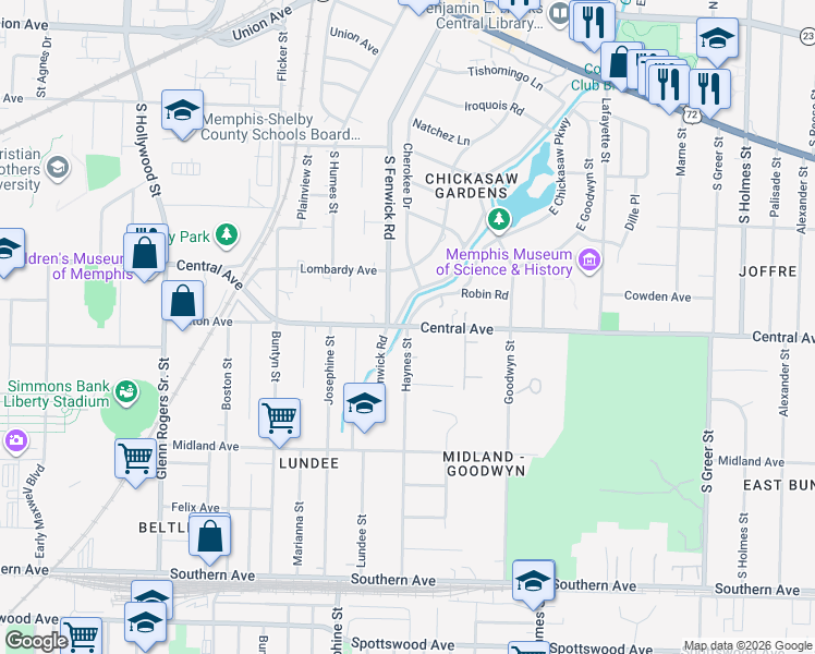 map of restaurants, bars, coffee shops, grocery stores, and more near Central Ave & Haynes St in Memphis