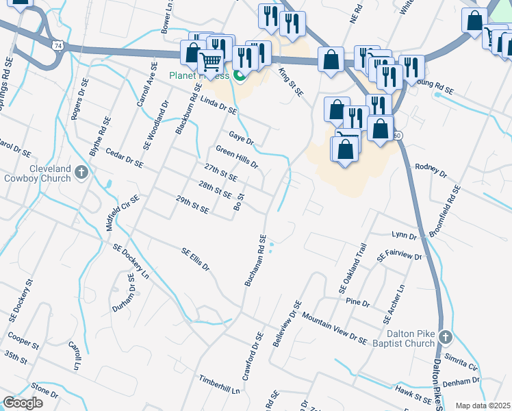 map of restaurants, bars, coffee shops, grocery stores, and more near 1213 28th Street Southeast in Cleveland