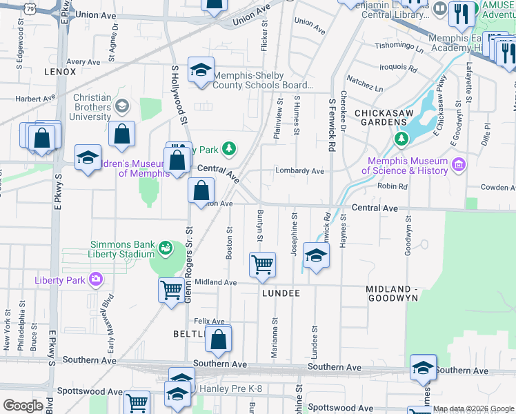 map of restaurants, bars, coffee shops, grocery stores, and more near 2699 Central Avenue in Memphis