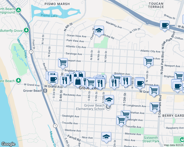 map of restaurants, bars, coffee shops, grocery stores, and more near 803 Brighton Avenue in Grover Beach