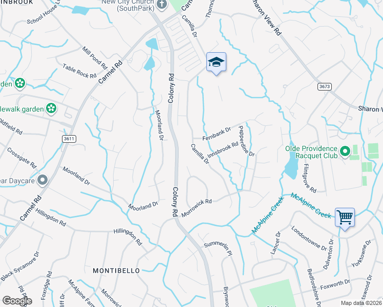 map of restaurants, bars, coffee shops, grocery stores, and more near 5412 Camilla Drive in Charlotte
