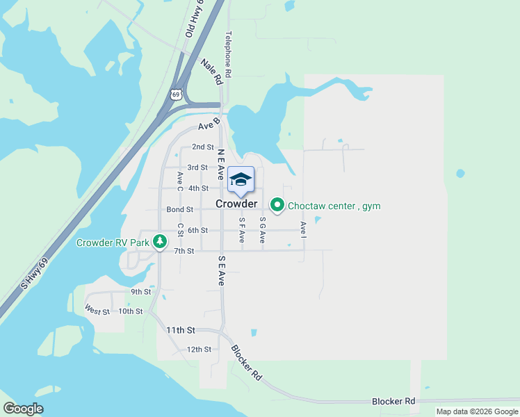 map of restaurants, bars, coffee shops, grocery stores, and more near Ave G in McAlester