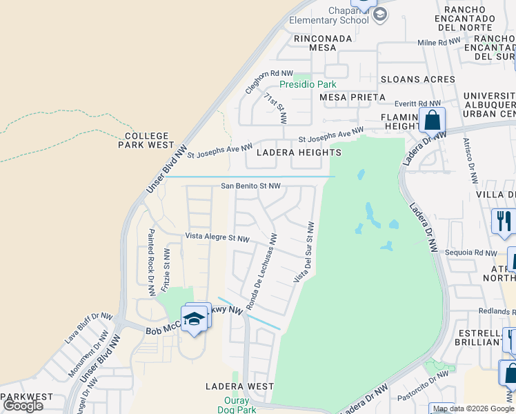 map of restaurants, bars, coffee shops, grocery stores, and more near 3604 Ronda De Lechusas Northwest in Albuquerque