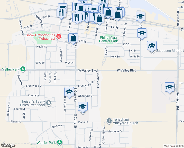 map of restaurants, bars, coffee shops, grocery stores, and more near 107 Clearview Court in Tehachapi