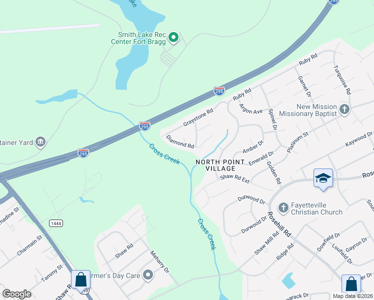 map of restaurants, bars, coffee shops, grocery stores, and more near 1541 Diamond Road in Fayetteville