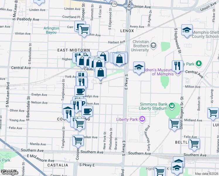 map of restaurants, bars, coffee shops, grocery stores, and more near 2264 Elzey Avenue in Memphis