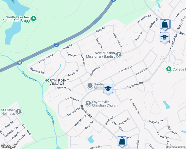 map of restaurants, bars, coffee shops, grocery stores, and more near 599 Platinum Street in Fayetteville