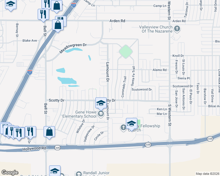 map of restaurants, bars, coffee shops, grocery stores, and more near 8202 Goodnight Trail in Amarillo