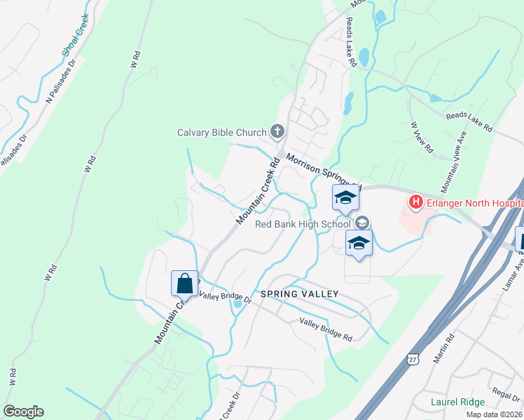 map of restaurants, bars, coffee shops, grocery stores, and more near 3562 Valley Trail in Chattanooga