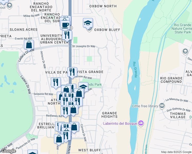map of restaurants, bars, coffee shops, grocery stores, and more near 3701 Summit Park Road Northwest in Albuquerque