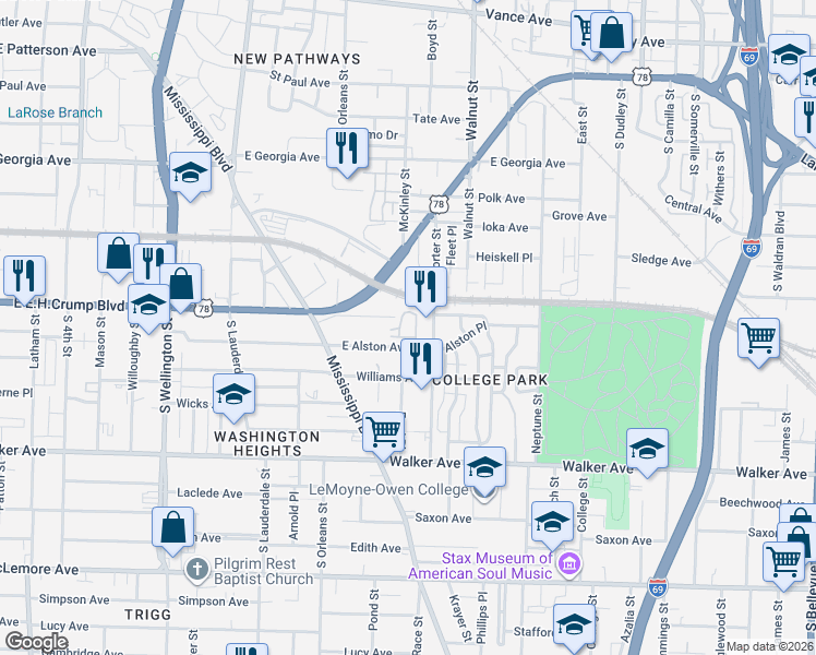 map of restaurants, bars, coffee shops, grocery stores, and more near 728 East Alston Avenue in Memphis