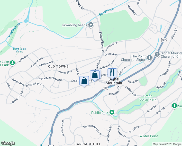 map of restaurants, bars, coffee shops, grocery stores, and more near 709 Kentucky Avenue in Signal Mountain