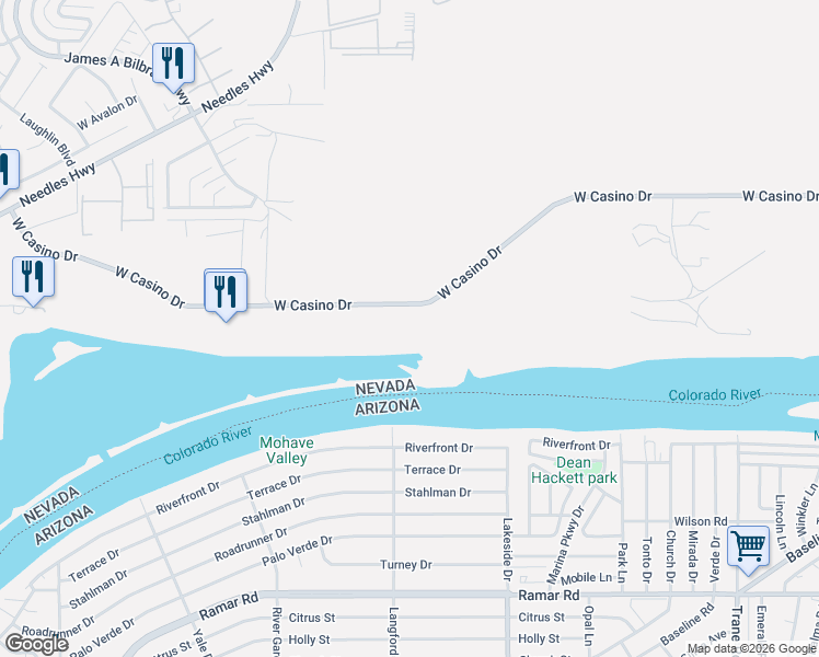 map of restaurants, bars, coffee shops, grocery stores, and more near 2 West Casino Drive in Laughlin