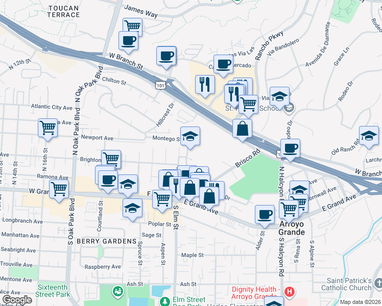 map of restaurants, bars, coffee shops, grocery stores, and more near 1208 Linda Drive in Arroyo Grande