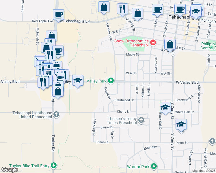 map of restaurants, bars, coffee shops, grocery stores, and more near 800 Beech Street in Tehachapi