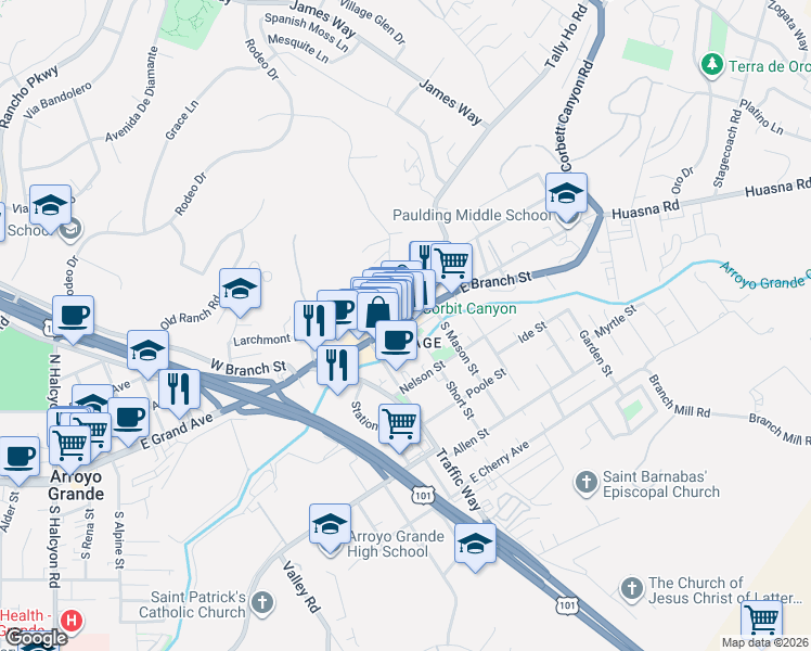 map of restaurants, bars, coffee shops, grocery stores, and more near 138 East Branch Street in Arroyo Grande