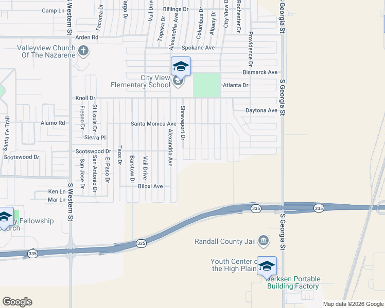 map of restaurants, bars, coffee shops, grocery stores, and more near 8301 Shreveport Drive in Amarillo