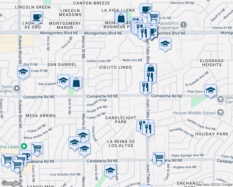 map of restaurants, bars, coffee shops, grocery stores, and more near 3700 Camino Capistrano Northeast in Albuquerque