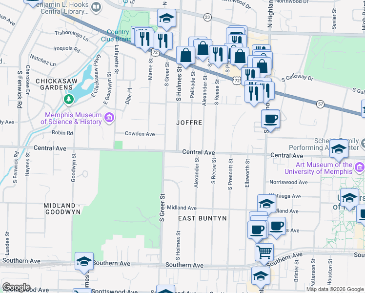 map of restaurants, bars, coffee shops, grocery stores, and more near 284 Palisade Street in Memphis