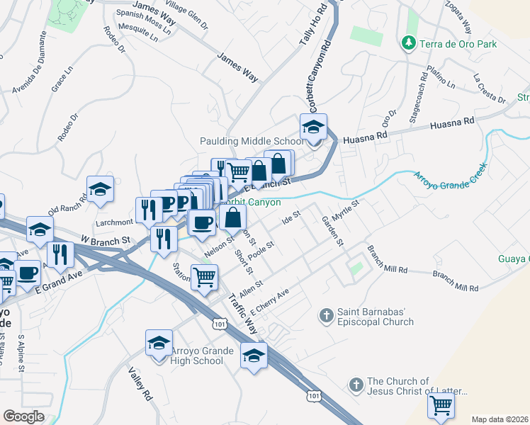 map of restaurants, bars, coffee shops, grocery stores, and more near 135 Whiteley Street in Arroyo Grande
