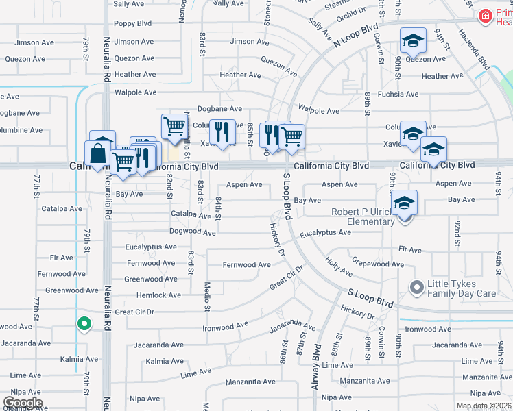 map of restaurants, bars, coffee shops, grocery stores, and more near 8524 Bay Avenue in California City