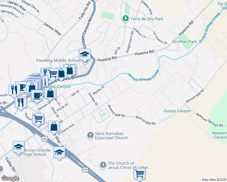 map of restaurants, bars, coffee shops, grocery stores, and more near 756 Myrtle Street in Arroyo Grande