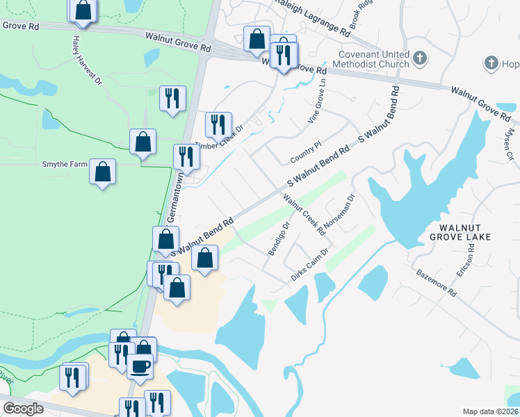 map of restaurants, bars, coffee shops, grocery stores, and more near 202 South Walnut Bend Road in Memphis