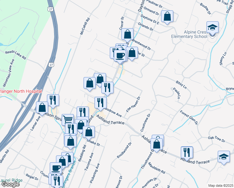 map of restaurants, bars, coffee shops, grocery stores, and more near 4223 Tacoma Avenue in Chattanooga