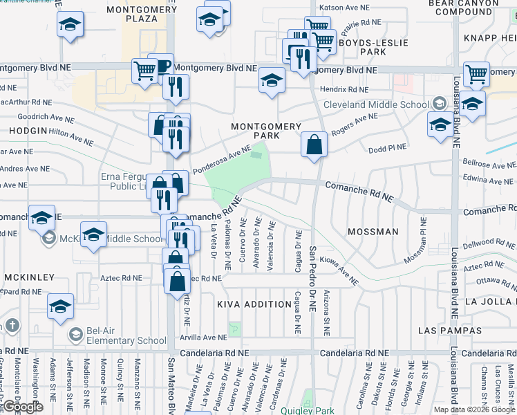 map of restaurants, bars, coffee shops, grocery stores, and more near 5709 La Corrida Road Northeast in Albuquerque