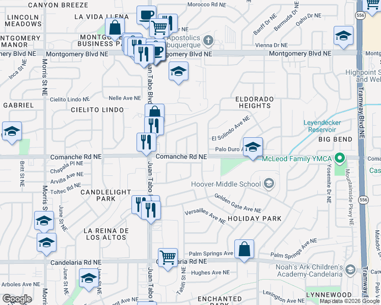 map of restaurants, bars, coffee shops, grocery stores, and more near 3705 Trinidad Street Northeast in Albuquerque