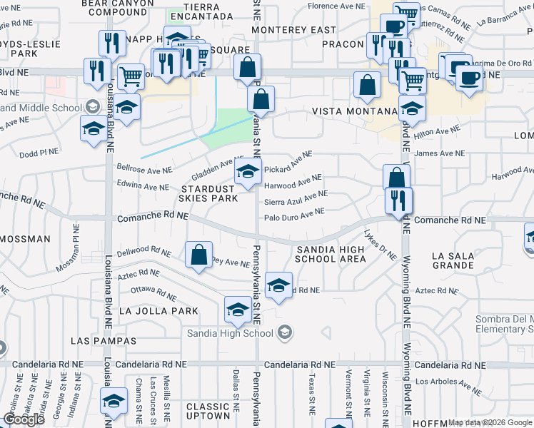map of restaurants, bars, coffee shops, grocery stores, and more near 7600 Sierra Azul Avenue Northeast in Albuquerque
